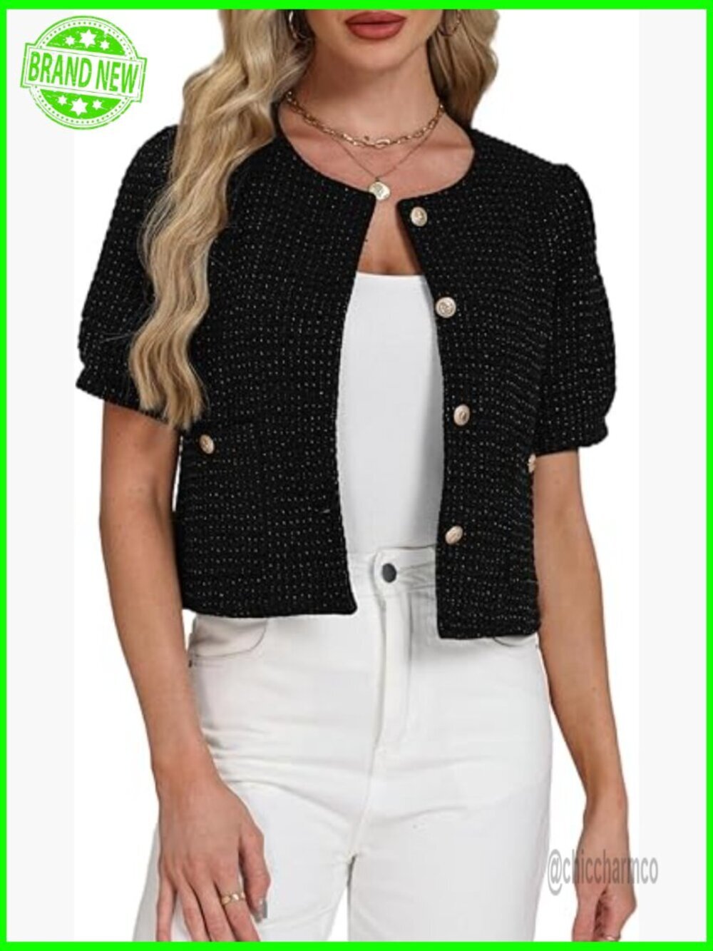 Tweed Blazer Cropped Short Sleeve Collarless Work Suit Jacket with Pockets